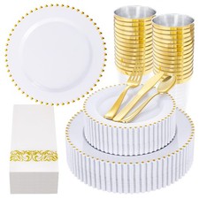 LIYH 350 Pcs White and Gold Plastic Plates - Elegant Disposable Gold Plastic ...