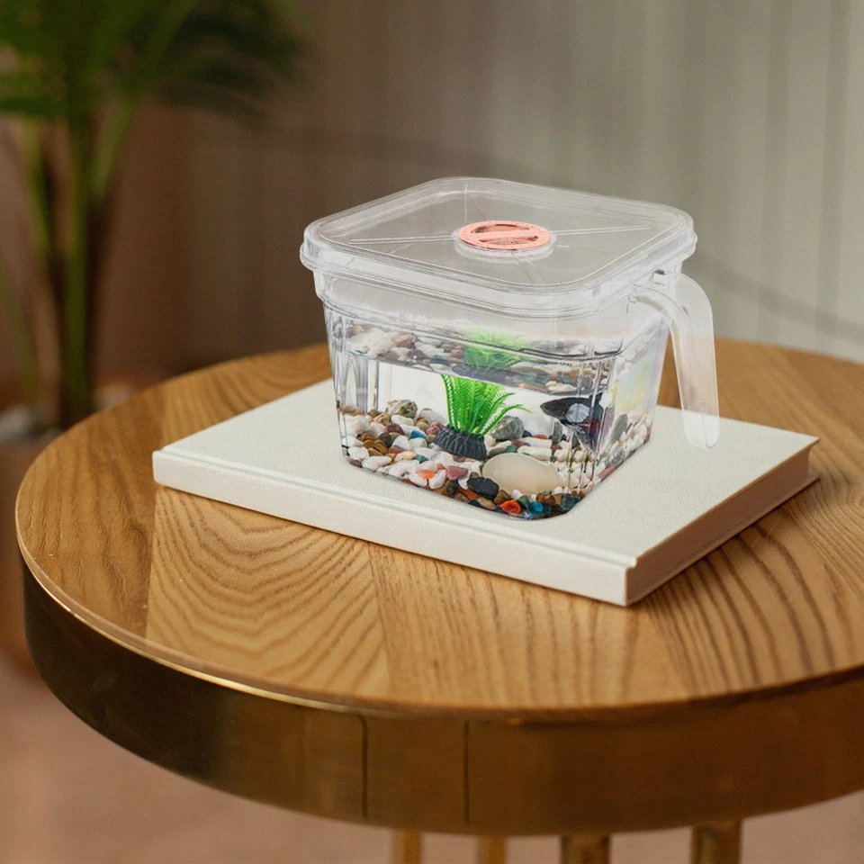  Acquario quadrato trasparente con coperchio e maniglia Ciotola per pesci Betta - Immagine 2 di 4