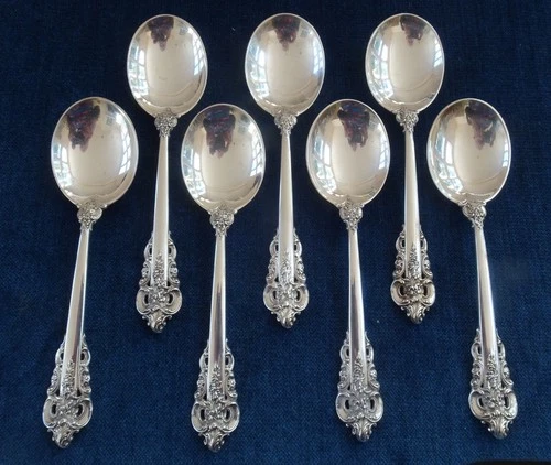 Seven Grande Baroque by Wallace Sterling Silver 6" Cream Soup Spoons
