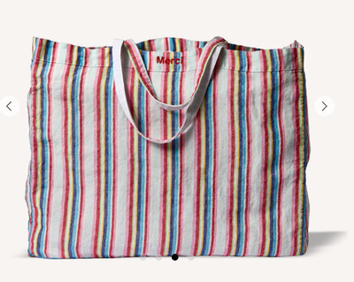 Merci Paris Boutique washed linen shopping bag parasol stripes Large Tote NWT
