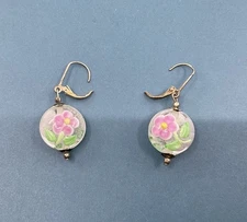 Vintage Sterling Silver  925 Floral Lampwork Earrings Blown Glass Murano Style 