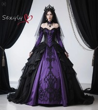 Dark Black And Purple Gothic Wedding Dresses Ball Gown Long Sleeve Lace Medieval
