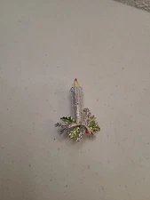 Vintage GERRYS Christmas Candle Brooch White Enamel Green Bow Silver Tone Pin 2"
