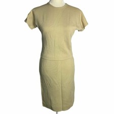 Vintage 50s Beige Knit Wool Skirt Top Set S Flat Front Size Zip Dolman Sleeve