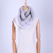 Women's Genuine Real Rex Rabbit Fur Hand Knitted Scarf Infinity Cowl Ring Scarve