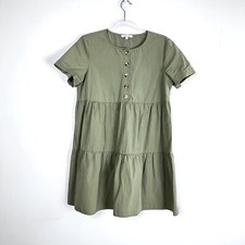 Madewell Button-Front Short-Sleeve Tiered Mini Dress Olive Green Size S Cotton