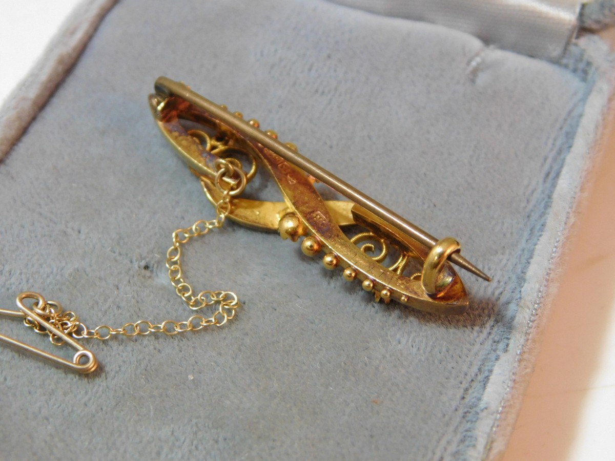 Broche Filigrane Victorienne 15K Or Jaune Perles Rubis - Vintage Signée Grande-Bretagne