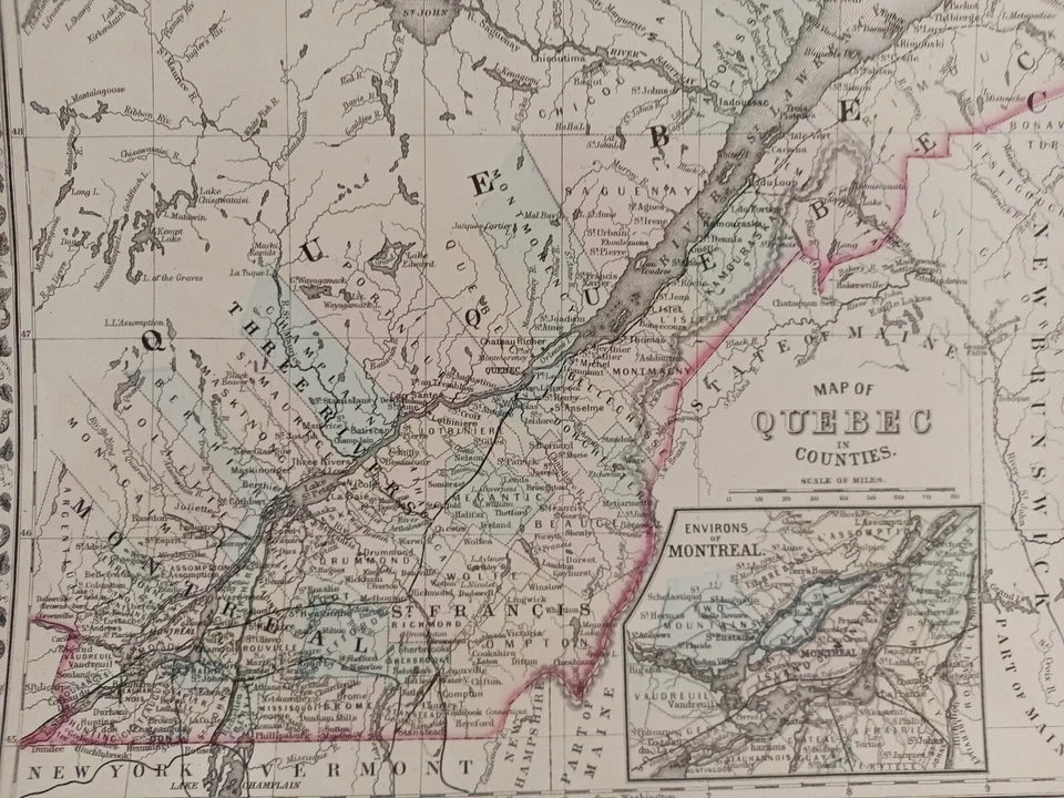 Mapa de Mitchell de 1873 de los condados de Quebec auténtico coloreado a mano antiguo Montreal Foto 3 de 4