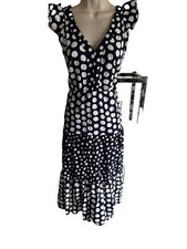 Loftcotton Sundress Navy White Polka Dots Ruffle Sleeve Tiered XS