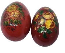 Set 2 Extremely Fine Hand painted Red Russian Wooden Egg Signed Floral Lacquer