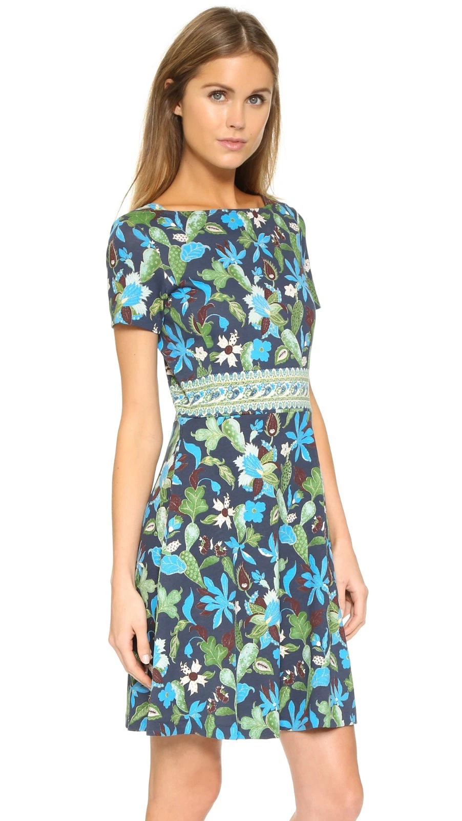 New TORY BURCH Flare Garden Floral Paisley Wisteria KNIT Dress Navy Green XS