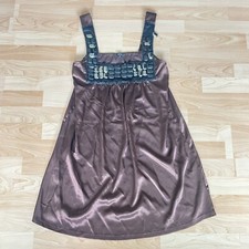 aziz Satin Embezzled Stone Jewelry Brown Above-Knee Comfy Tank Dress Sz S (0093)