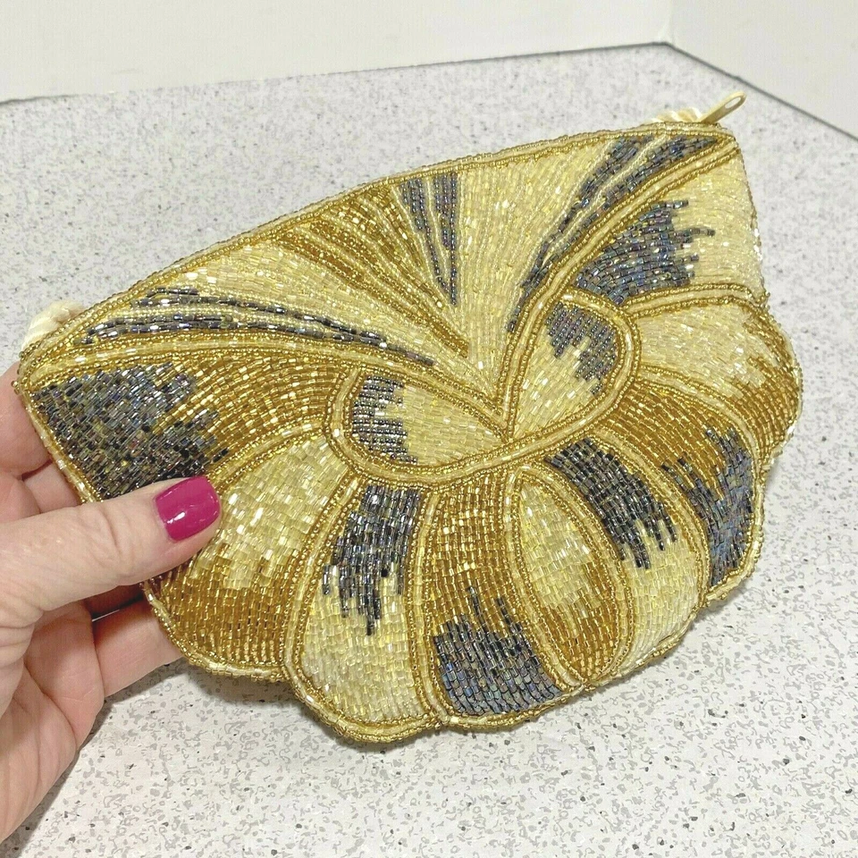 Bolsa de noite vintage com miçangas estilo discoteca retrô década de 1980 bolsa elegante cinza dourado creme - Imagem 3 de 4