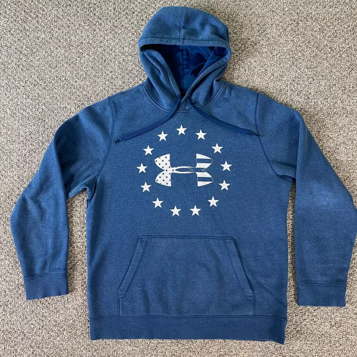 Under Armour Sweatshirt Mens Medium Blue Hoodie Pull Over Pocket  Stars+Stripes