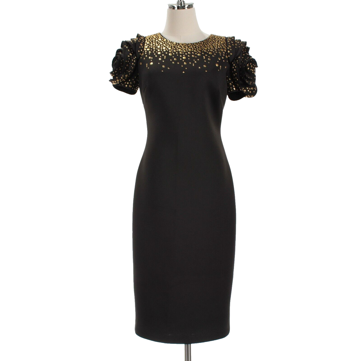 Badgley Mischka NWT Rosette Sleeve Studded Scuba Dress Size 6 in Black w/  Gold | eBay