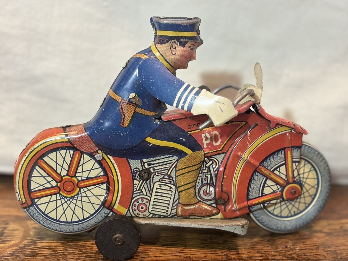 Vintage 1930's Louis Marx Police Motorcycle Tin Wind Up Toy w