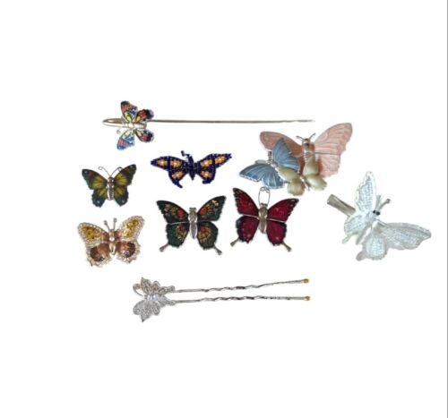 Butterfly Lot of 9 Gold And Silver Tone Enamel Jeweled Brooch Hairpins Bookmark - Picture 1 of 14