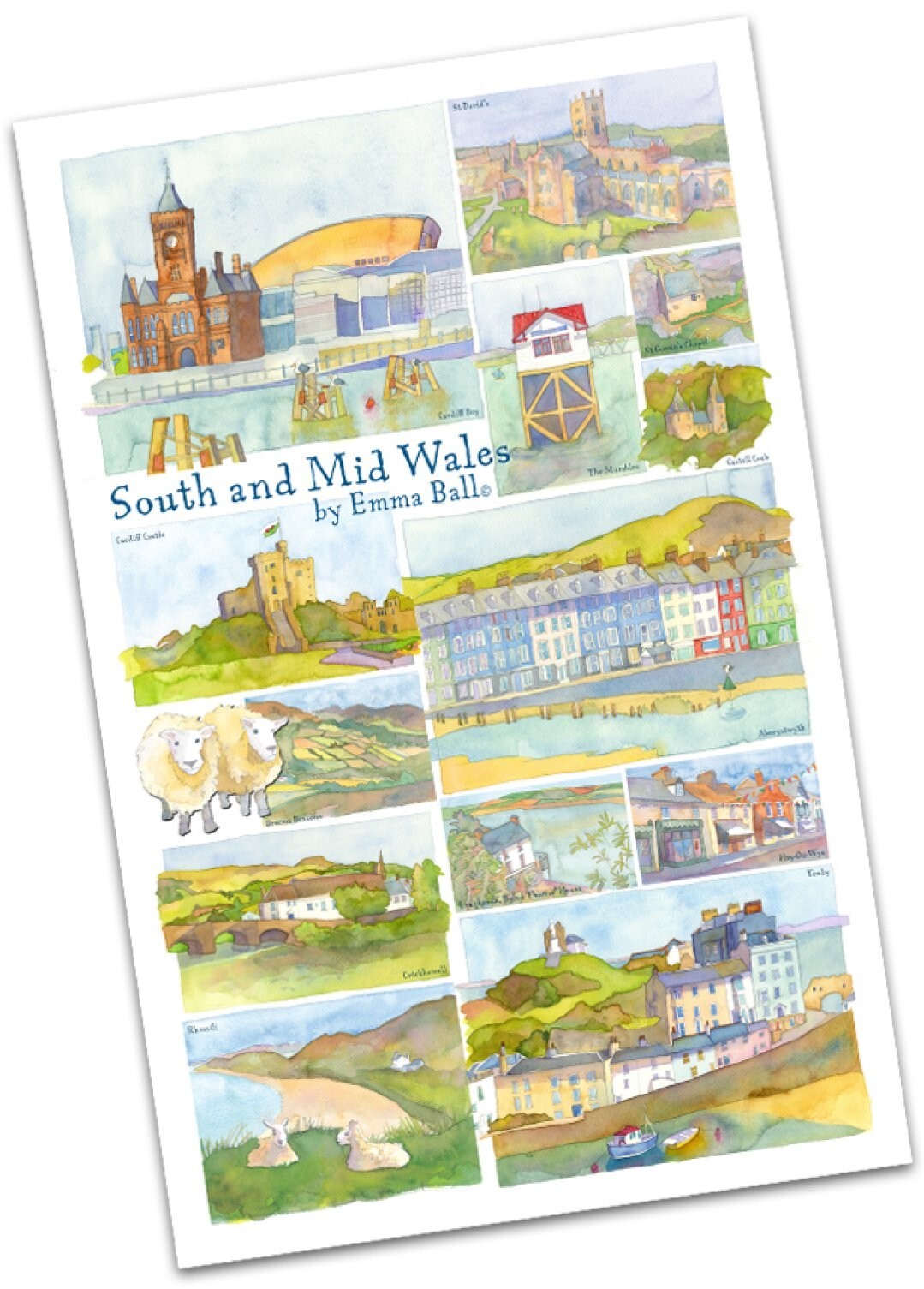 Emma Ball ""South & Mid Wales"", Pure cotton tea towel.
