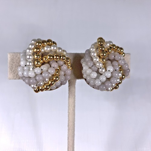 Twisted Pearl Clip On Earrings Seed Bead Gold Mid Century Vintage