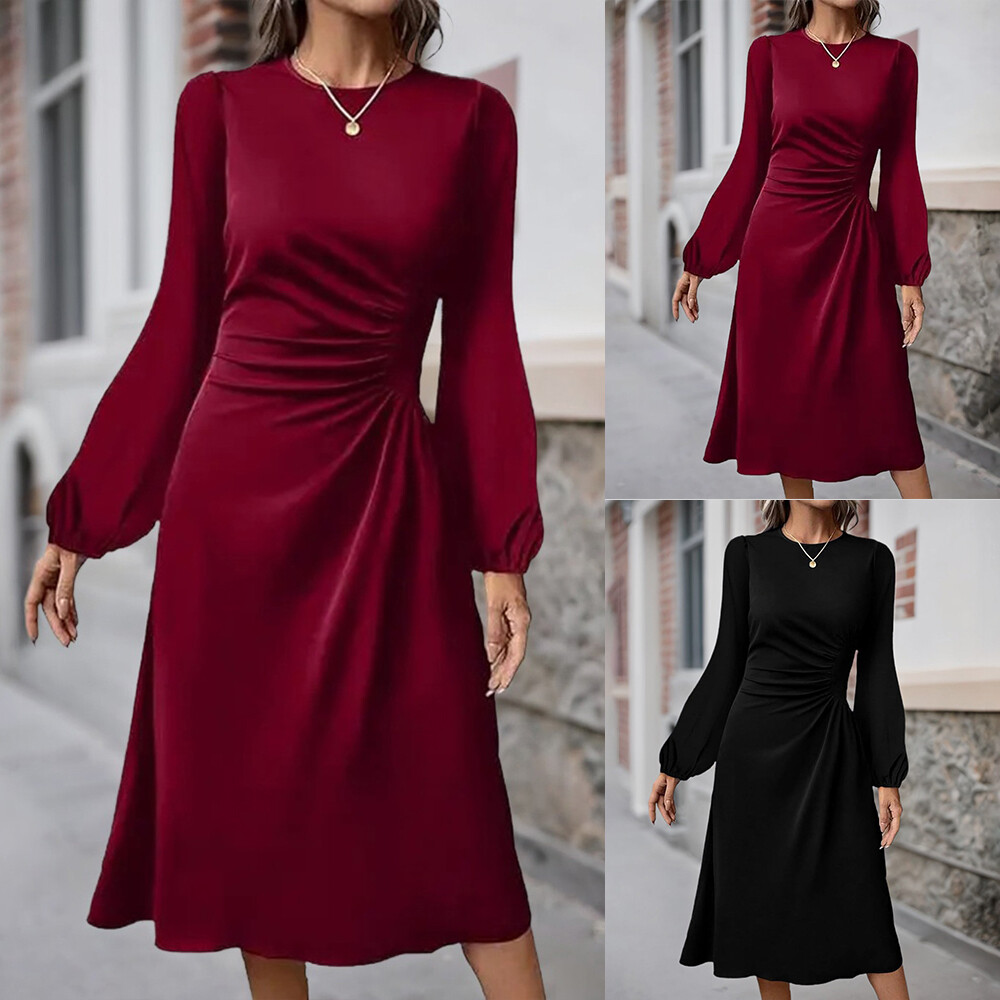 Womens Round Neck Long Sleeve Solid Midi Dress Ladies Winter Slim Party  Gowns | eBay