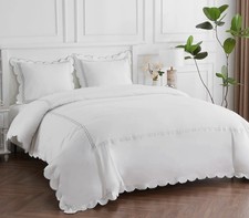 Melange Home 600 TC Cotton Sateen Queen Duvet Set White Grey Scallop Rope NWT