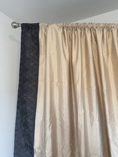 Beige & Navy Damask Border Lined Rod Pocket Light Filtering Curtain Panels Pair