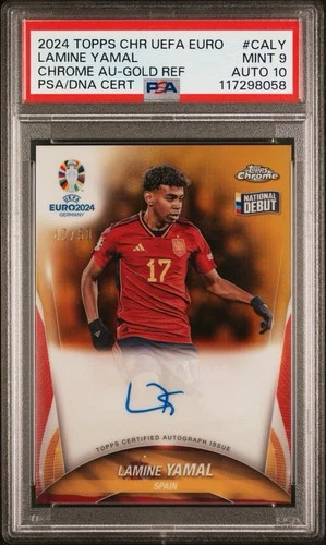 LAMINE YAMAL 50 2024 TOPPS CHROME UEFA EURO GOLD REFRACTOR ROOKIE PSA 9 AUTO 10