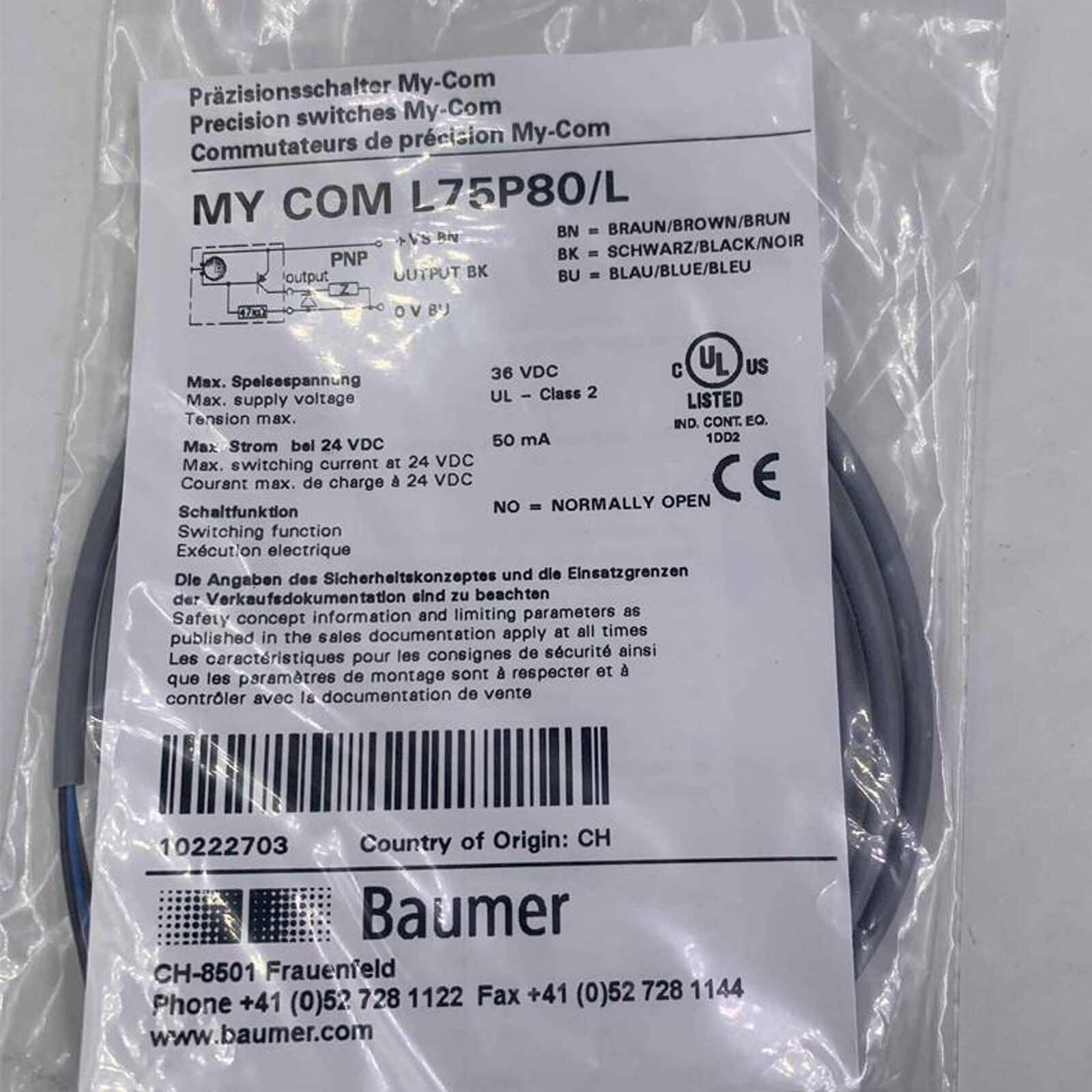 1PC NEW FOR BAUMER Sensor MY-COM L75P80/L high-precision switch FAST SHIP *vb