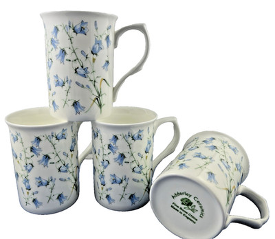 HAREBELL  SET OF FOUR IDENTICAL, FINE BONE CHINA MUGS ENGLISH MADE..NEW UNUSED