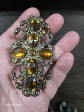 Vintage Antiqued Brass Filigree Hair Barrette Topaz Amber Rhinestone Clip