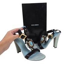 Vtg Y2K Dolce & Gabbana Turquoise Jeweled T-Strap Suede Sandal 36.5 MSRP $1198
