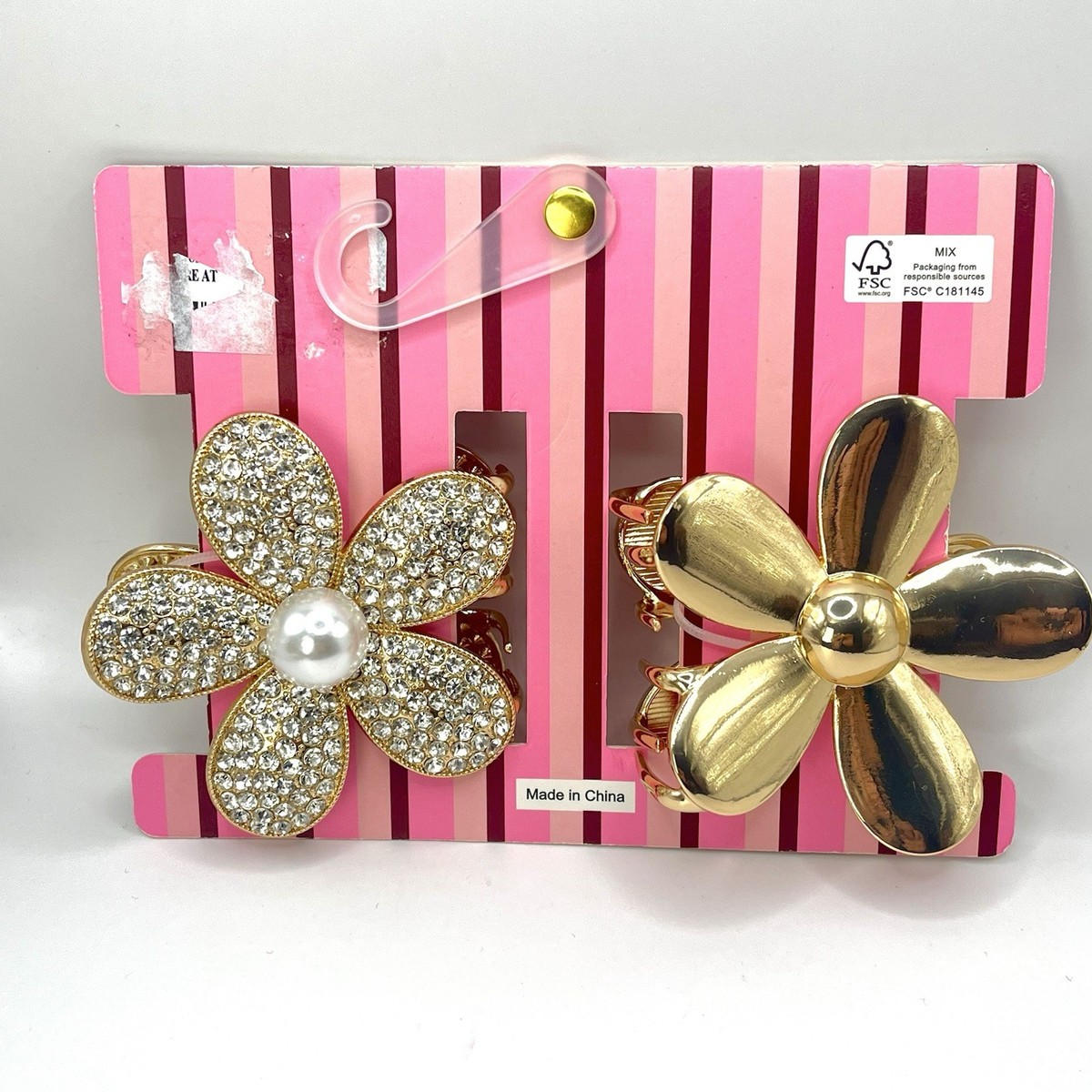 Piper K Gold Flower Hair Claw Clips Set Rhinestone Pearl Crystal