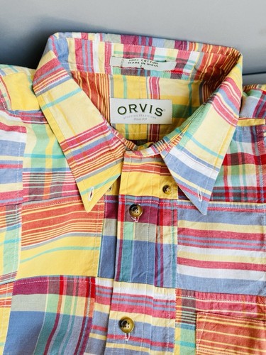 ORVIS Men Check Patch Work Short Sleeve Shirt L Large Multi Coloured Classic New - Picture 12 of 19