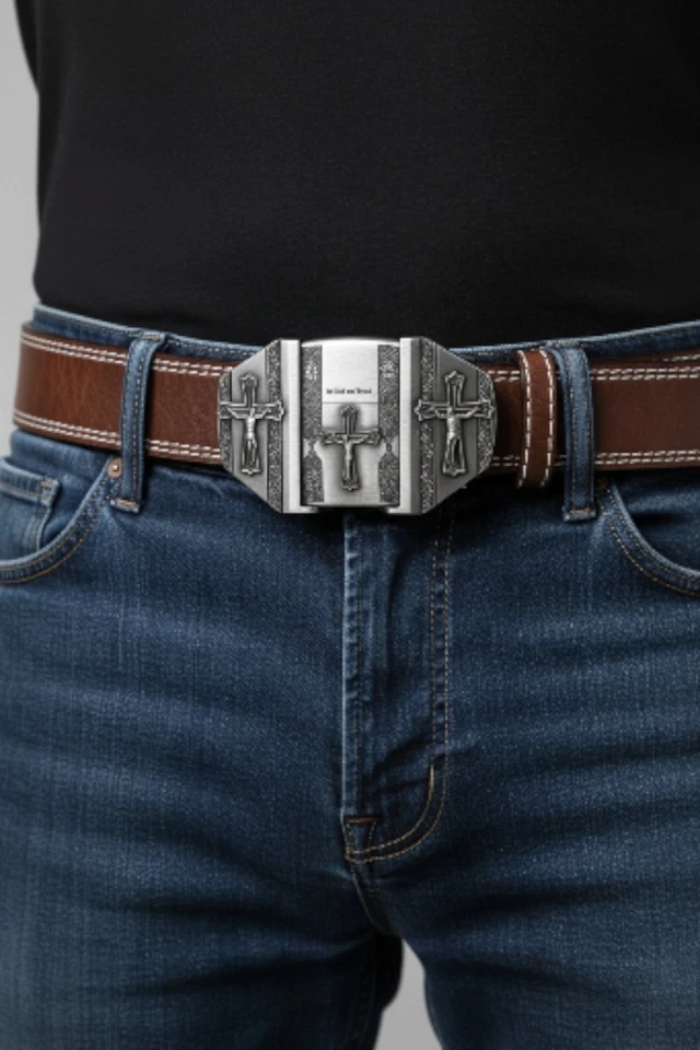 ✝️ Hebilla de cinturón diseño cruz con encendedor oculto – “En Dios confiamos” – $25 Foto 4 de 4