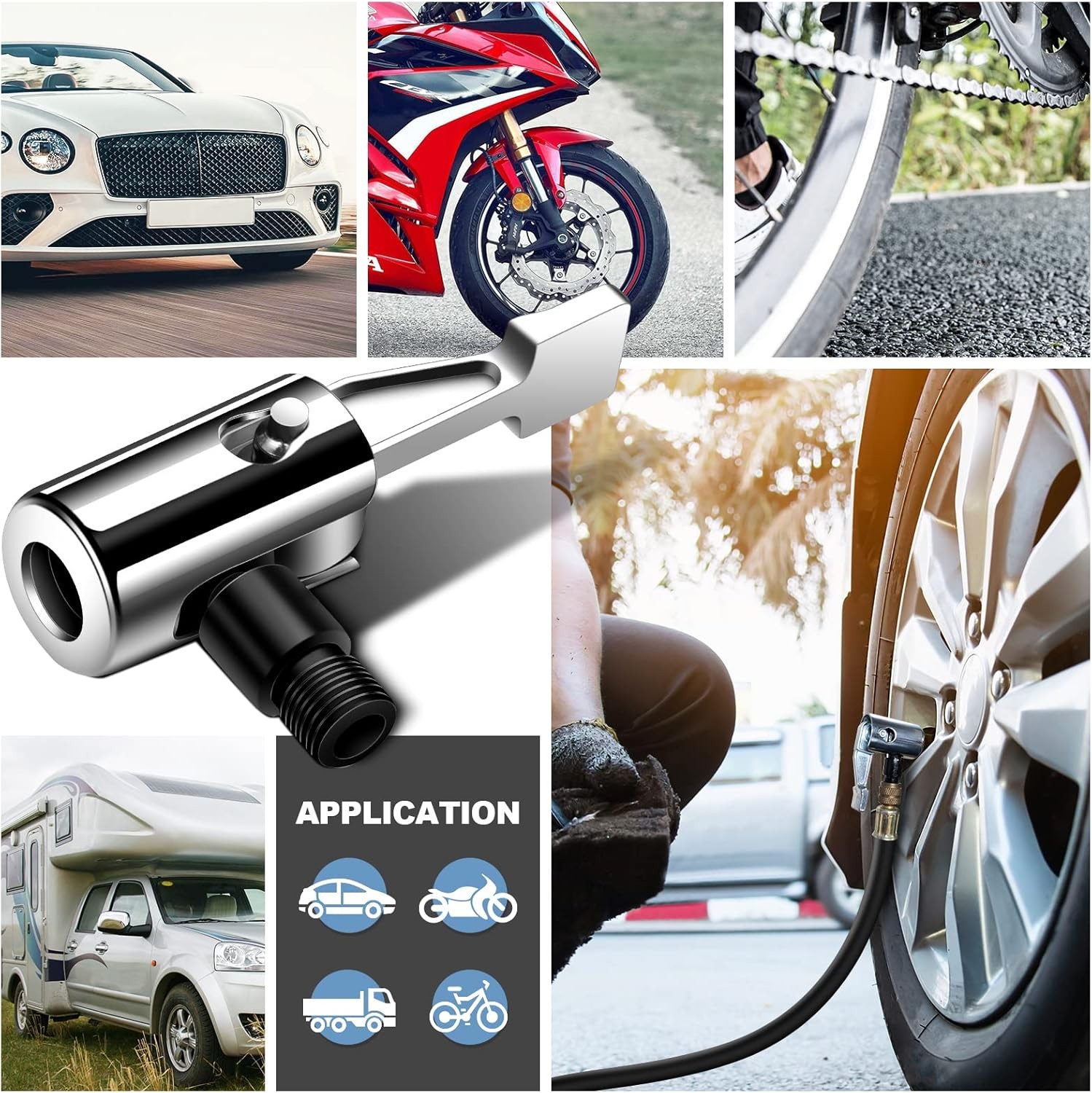 All Metal Lock On Air Chuck Tire Inflator Hose Adapter, Locking Black Thread 