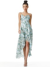 Alice Olivia Christina High Low Textured Floral Midi Dress Size 0 White & Blue
