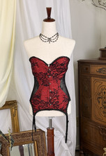 Adore Me Red/Black Lace Strapless Bustier Corset Top w/ Garters, Size M