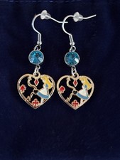 Alice In Wonderland Heart Shaped Blue Jewel Dangle Earrings Playing Card Suits