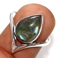 925 Silver Plated Pretty Pear Fiery Labradorite Ring US 10 Best Seller Design GW