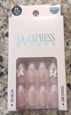 LA Express Beauty Falsa Prensa en Uñas Lima Pegamento Almendra 24ct Rosa Blanco Punta Arco