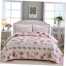 Floral Quilt Set Queen Size, 3PCs Antique Rose Bedspread Queen 90"x96" Pink