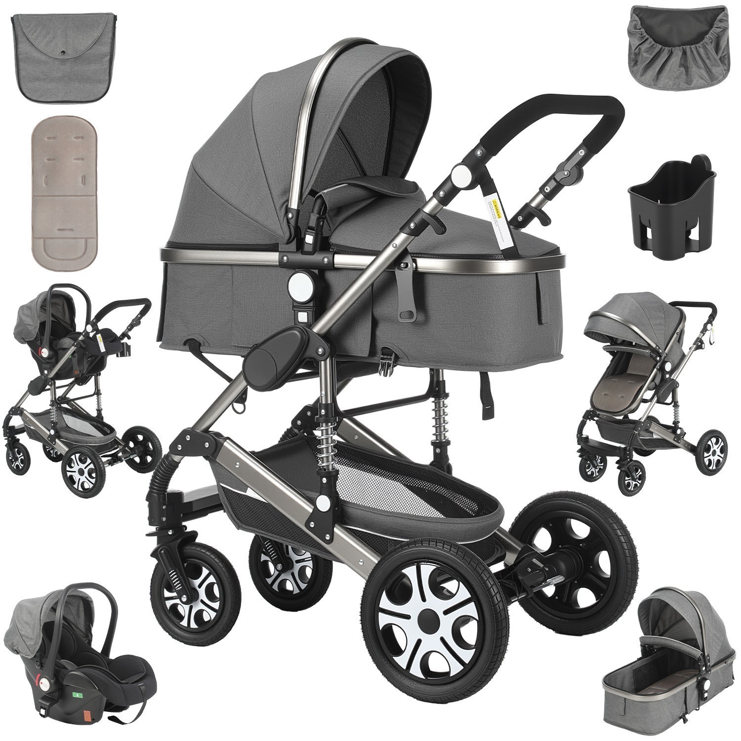 Baby Pram 3 in1 Travel System Buggy Car Seat Pushchar Up To 22Kg Black / Wyyltrv