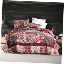 Cotton Bedspread Quilt Sets Queen size 90by98inch Vintage Red Floral