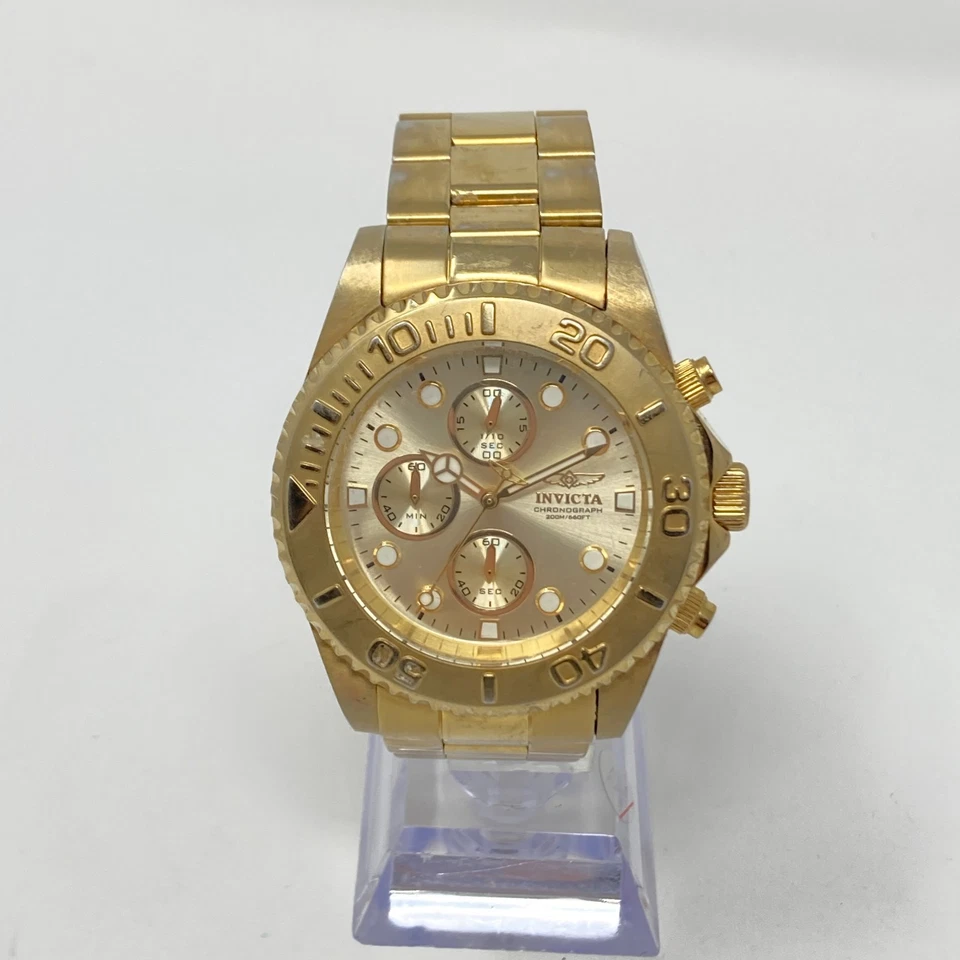 Invicta Pro Diver Chronograph Watch Men 43mm Gold Tone 200M 1774 New Battery 7" - image 3 of 4