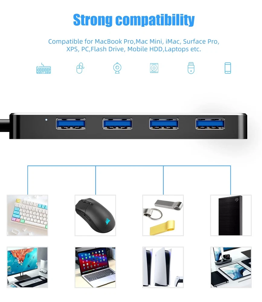 4-Port USB 3.0 Hub Expander for Laptop PC Xbox Flash Drive