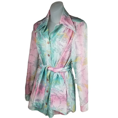 70s Vtg Tucker Knits Retro Disco Polyester Top Women sz 16 M/L Button Up Floral - Picture 4 of 12