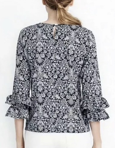 J Crew Womens Size 0 Blue Floral Double Ruffle 3/4 Sleeve Top C23 - Picture 2 of 8