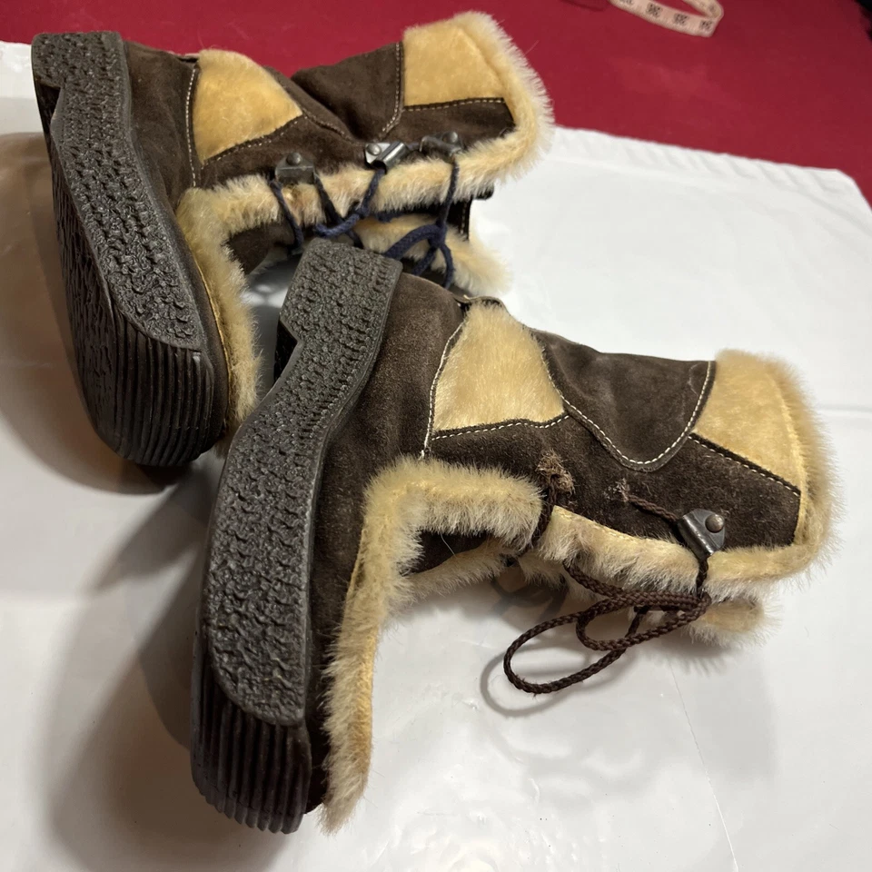 Italian TAN BROWN Goat FUR calf BOOTS Shearling Suede After Ski Lounger ITALY 38 - Image 4 of 4