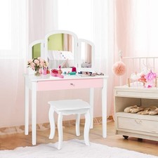 Set Toeletta in Legno con Sgabello, Tavolo da Trucco con Cassetto con 3 Specchi