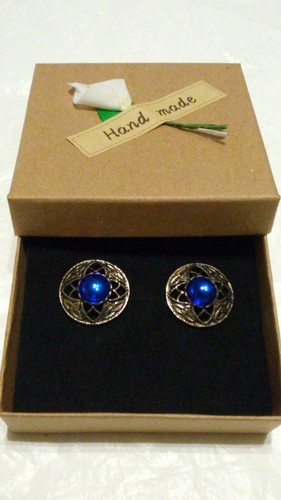 SCOTTISH CELTIC Vintage Pewter Acrylic Sapphire Blue Cabochon CLIP-ON EARRINGS* - Picture 2 of 12